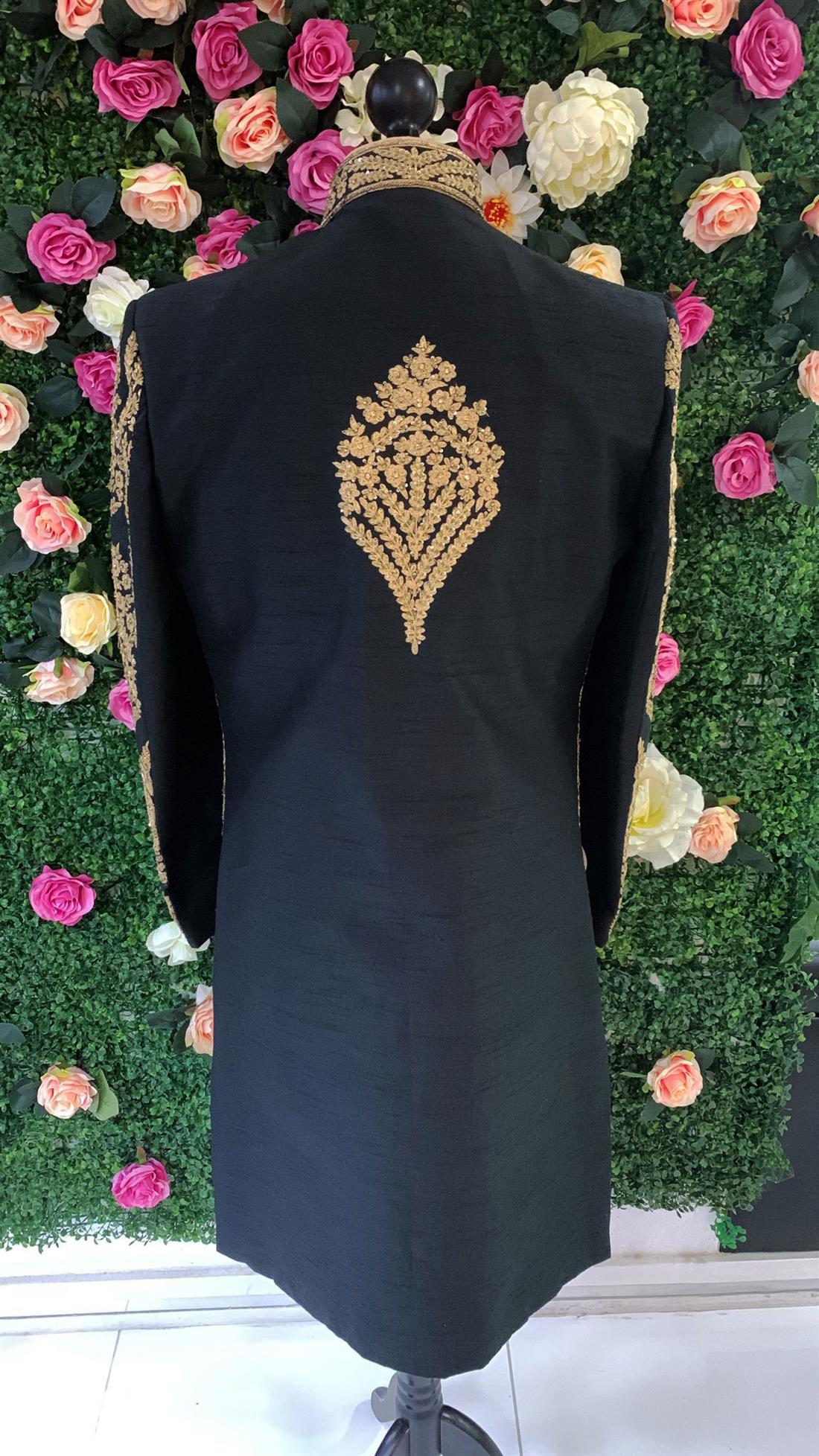 Black & Gold Embroidered Silk Mens Sherwani