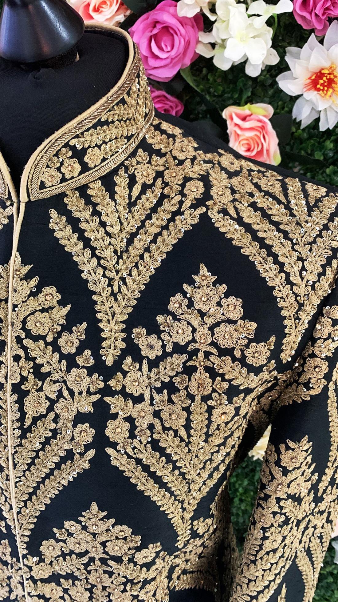 Black & Gold Embroidered Silk Mens Sherwani