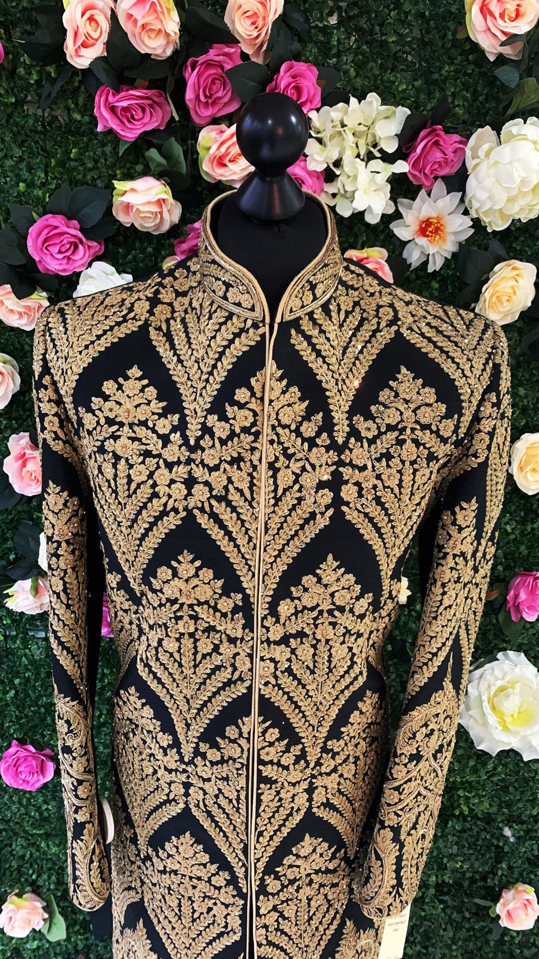 Black & Gold Embroidered Silk Mens Sherwani