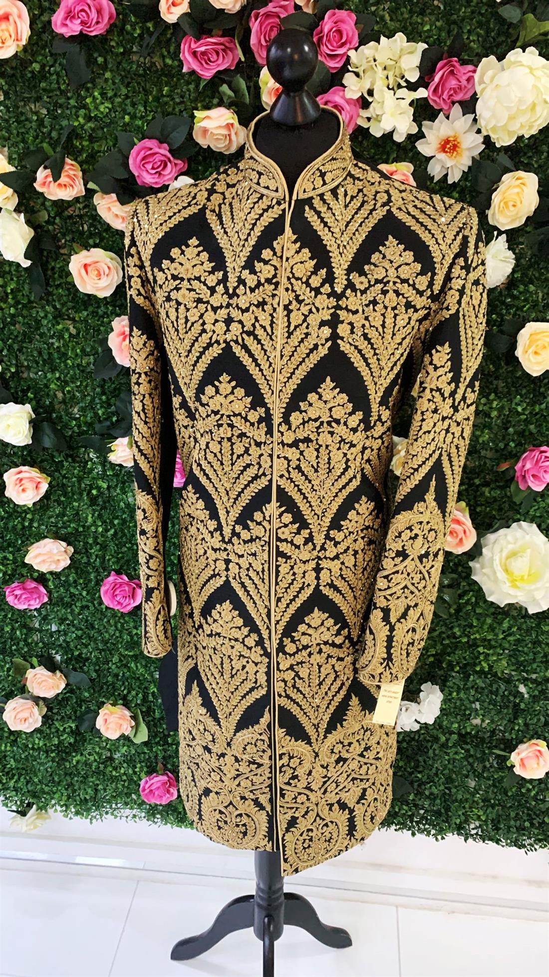 Black & Gold Embroidered Silk Mens Sherwani