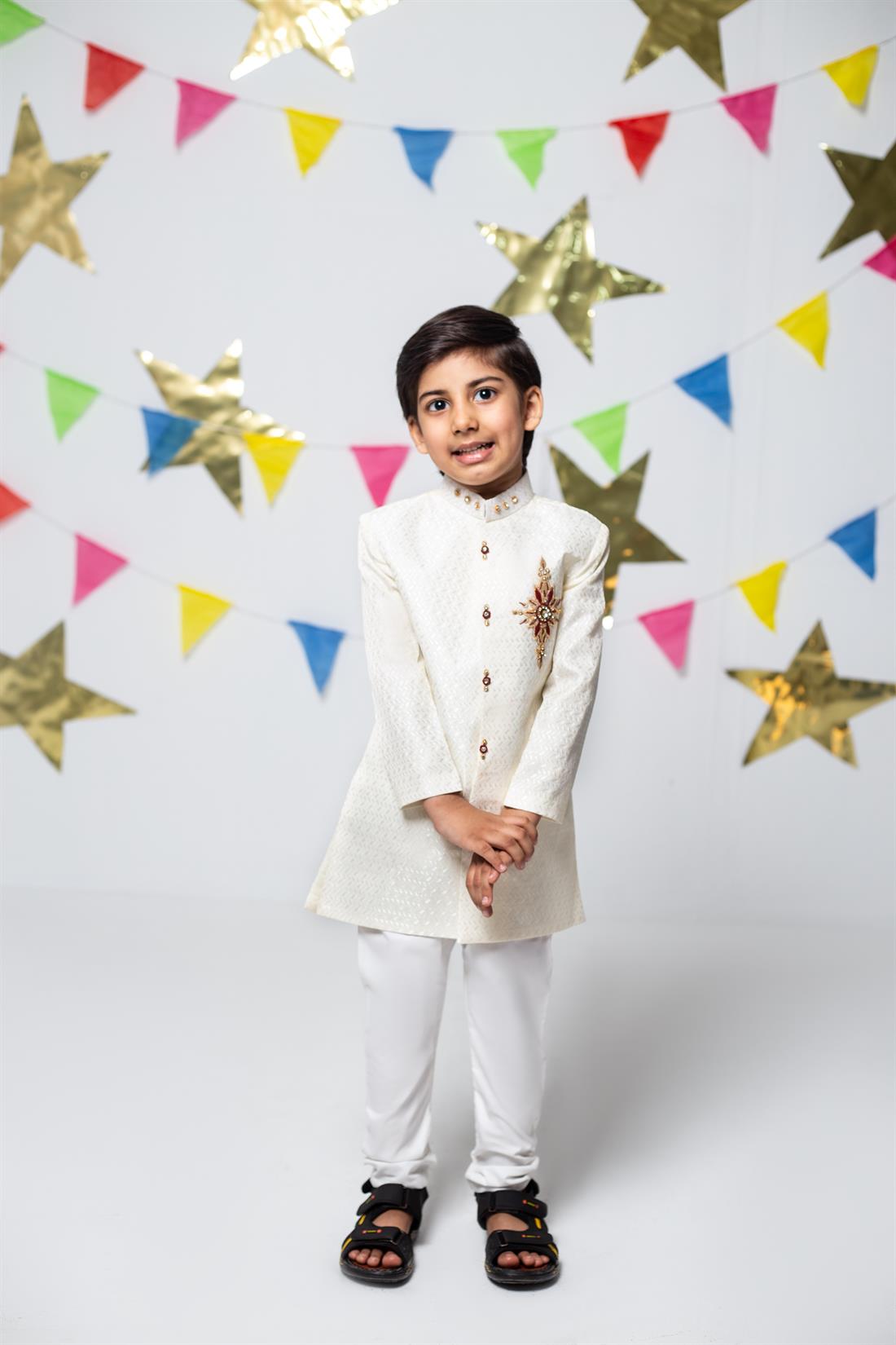 Cream Embroidered Boys Sherwani