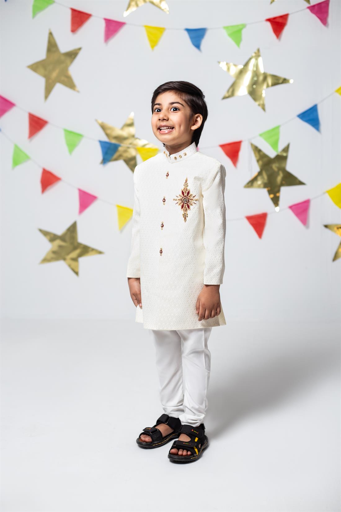 Cream Embroidered Boys Sherwani