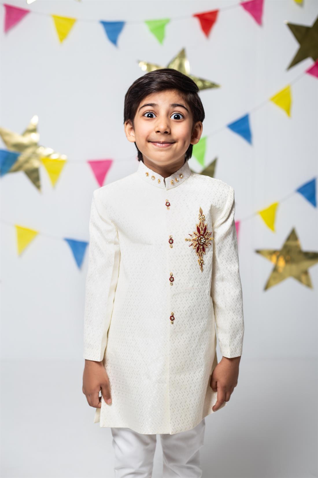Cream Embroidered Boys Sherwani