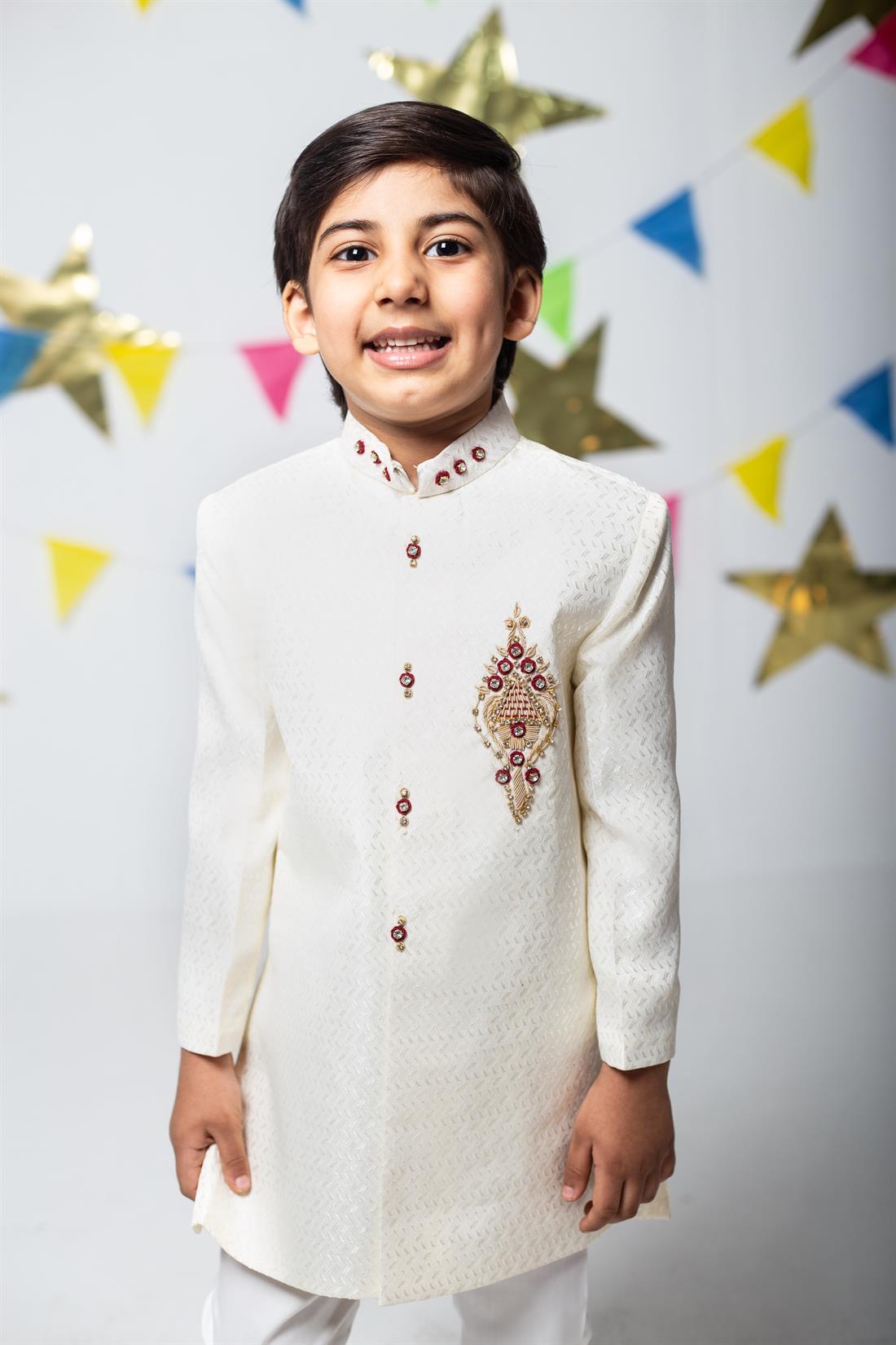 Cream Embroidered Boys Sherwani