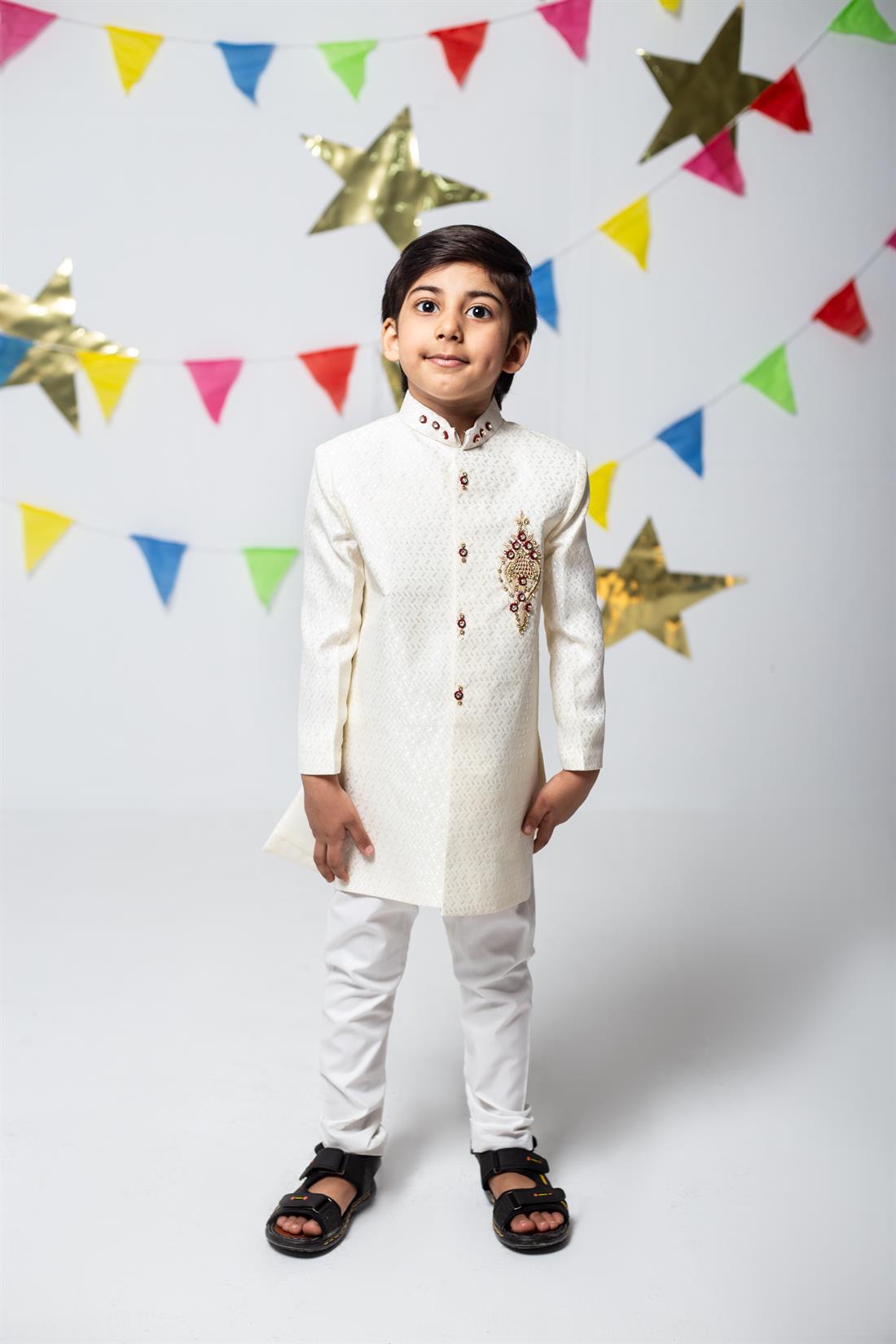 Cream Embroidered Boys Sherwani