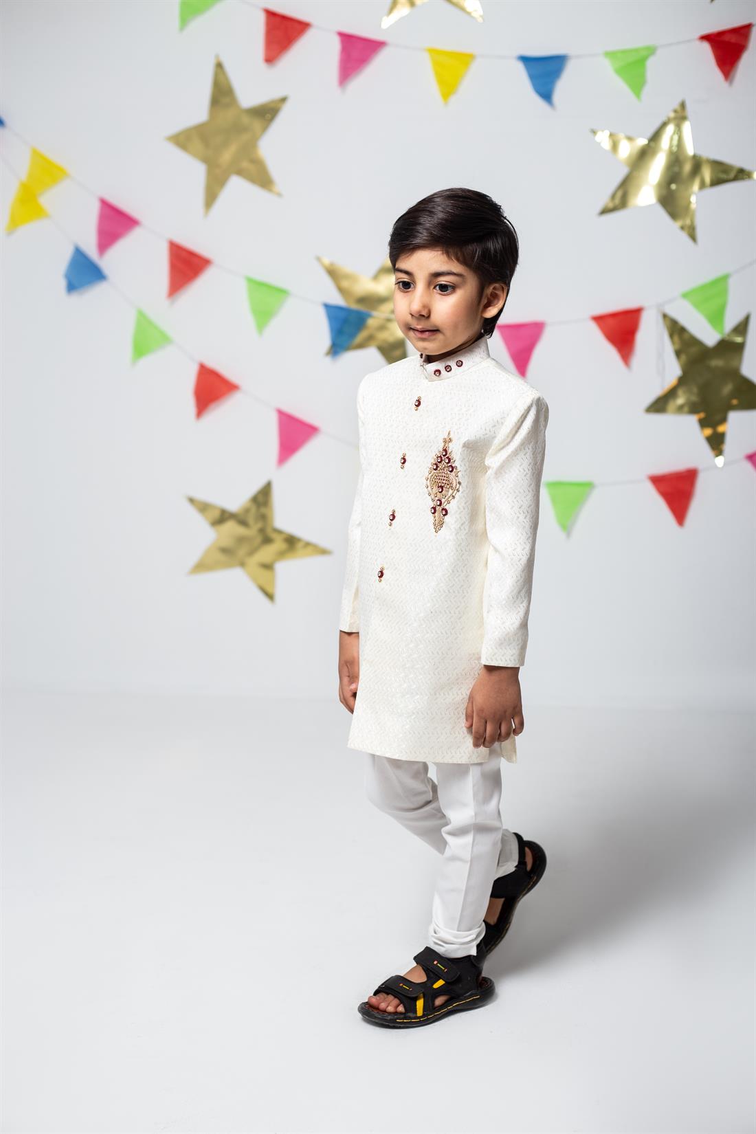 Cream Embroidered Boys Sherwani