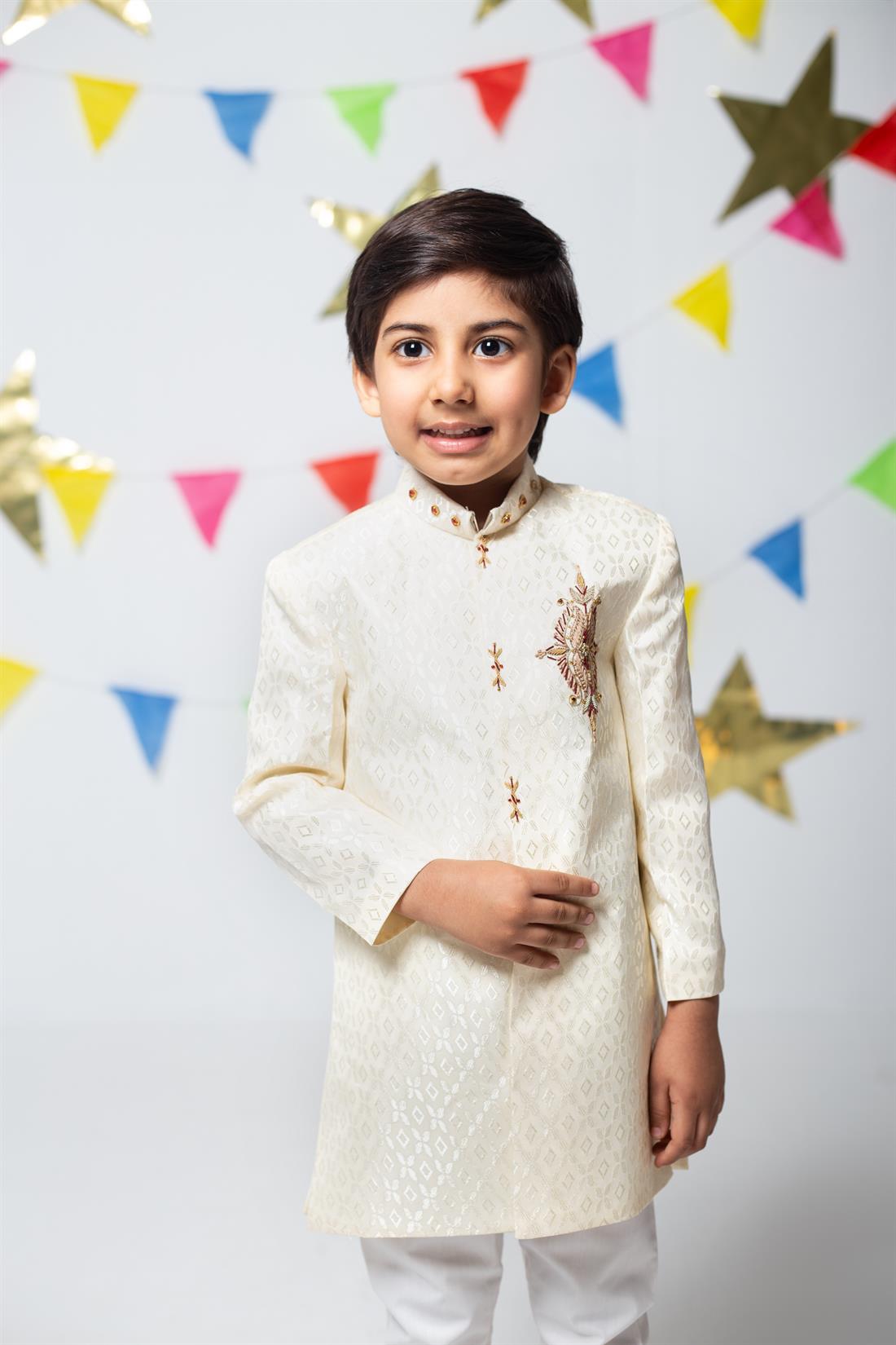 Cream Embroidered Boys Sherwani