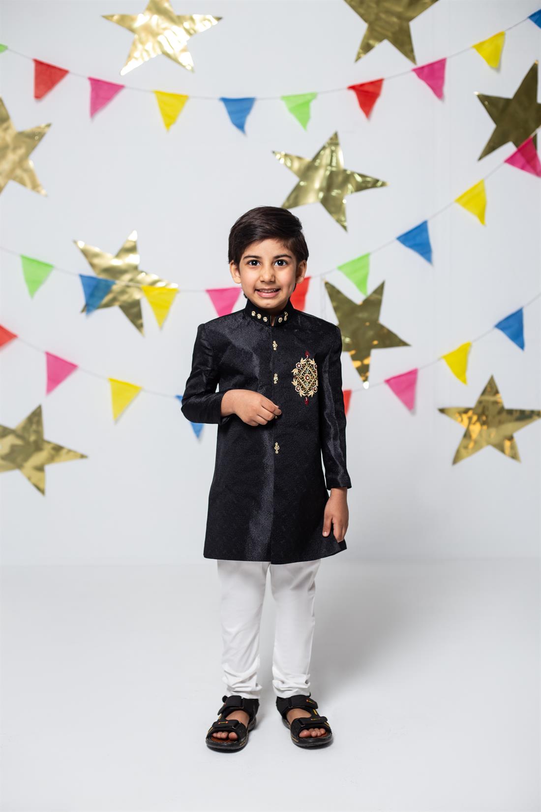 Black Embroidered Boys Sherwani