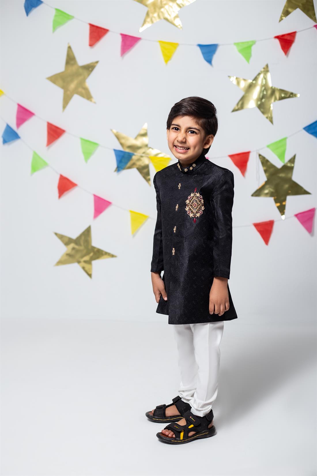 Black Embroidered Boys Sherwani