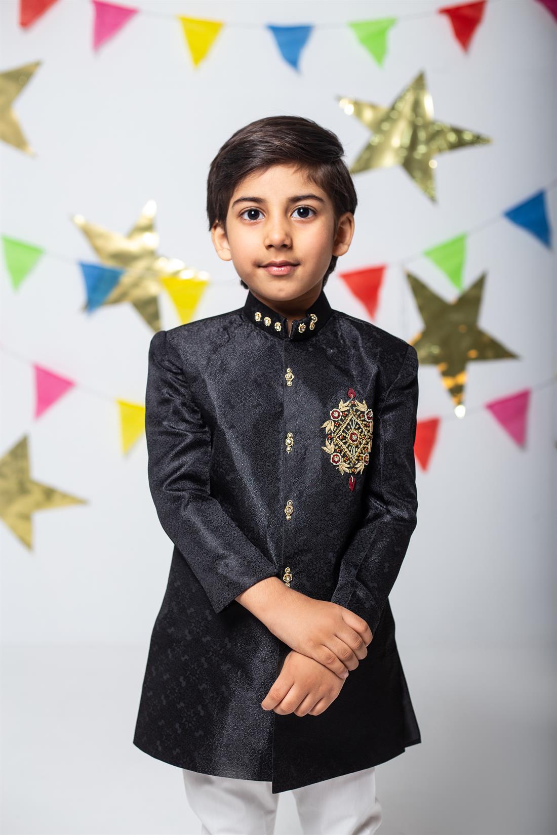 Black Embroidered Boys Sherwani