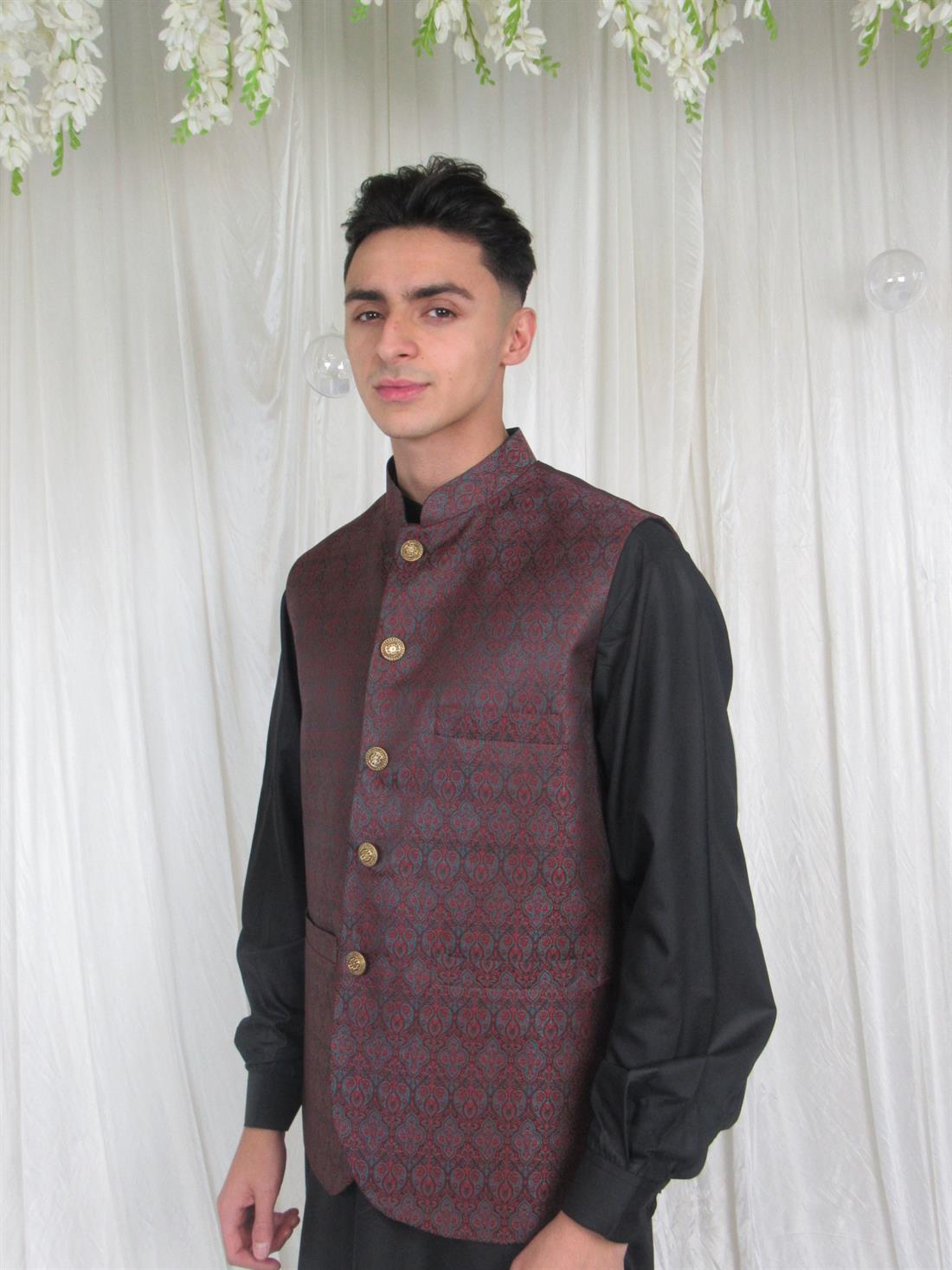 Maroon Mens Brown Brocade Waistcoat
