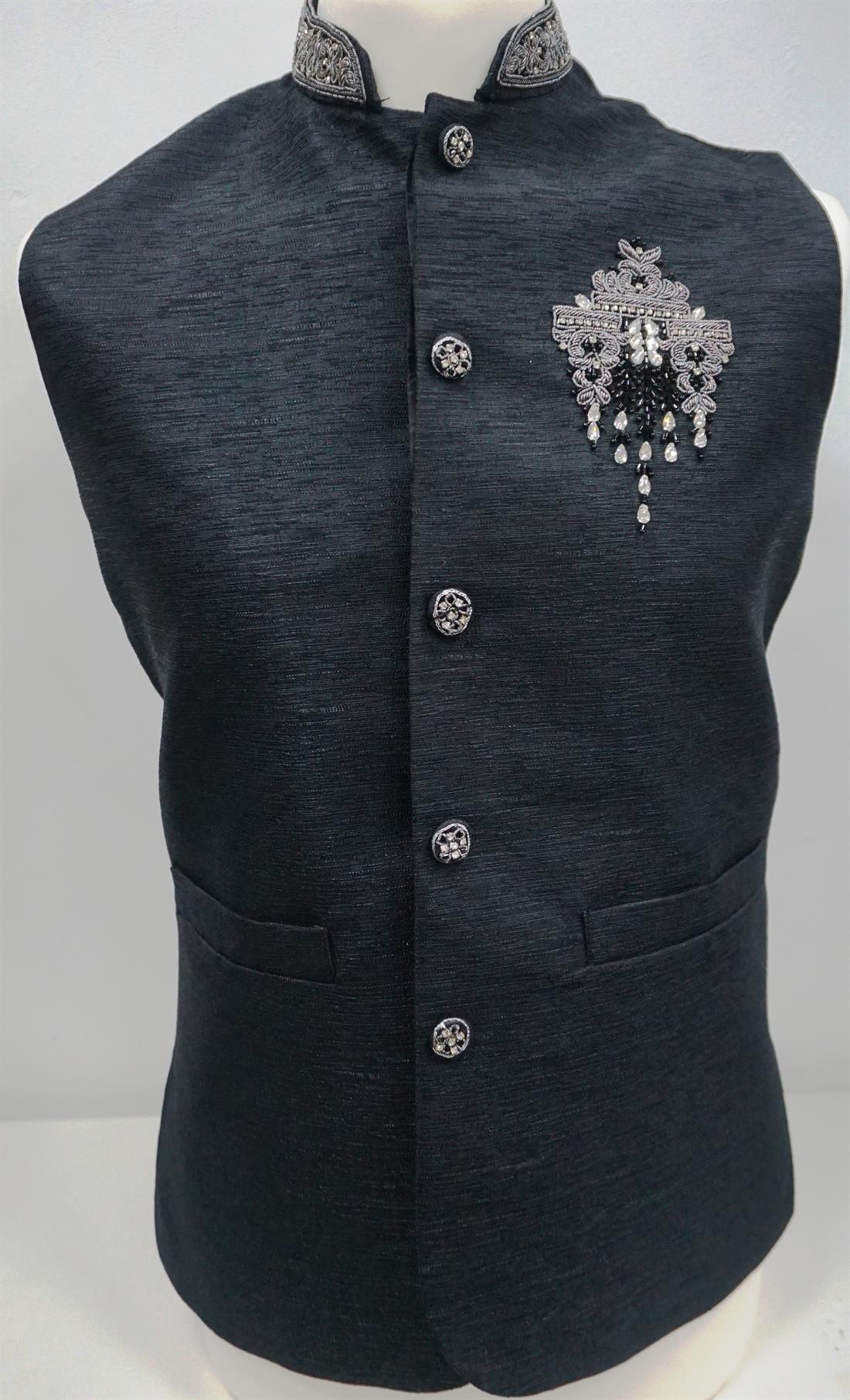 Black & Grey Mens Brocade Waistcoat with Embellishment