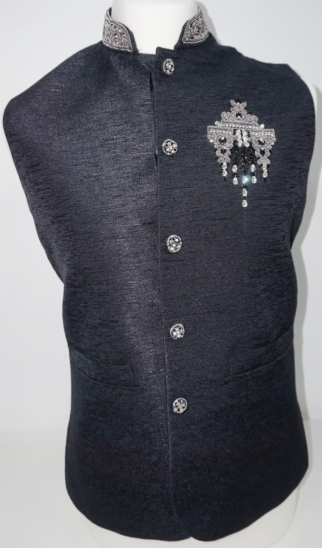 Black & Grey Mens Brocade Waistcoat with Embellishment