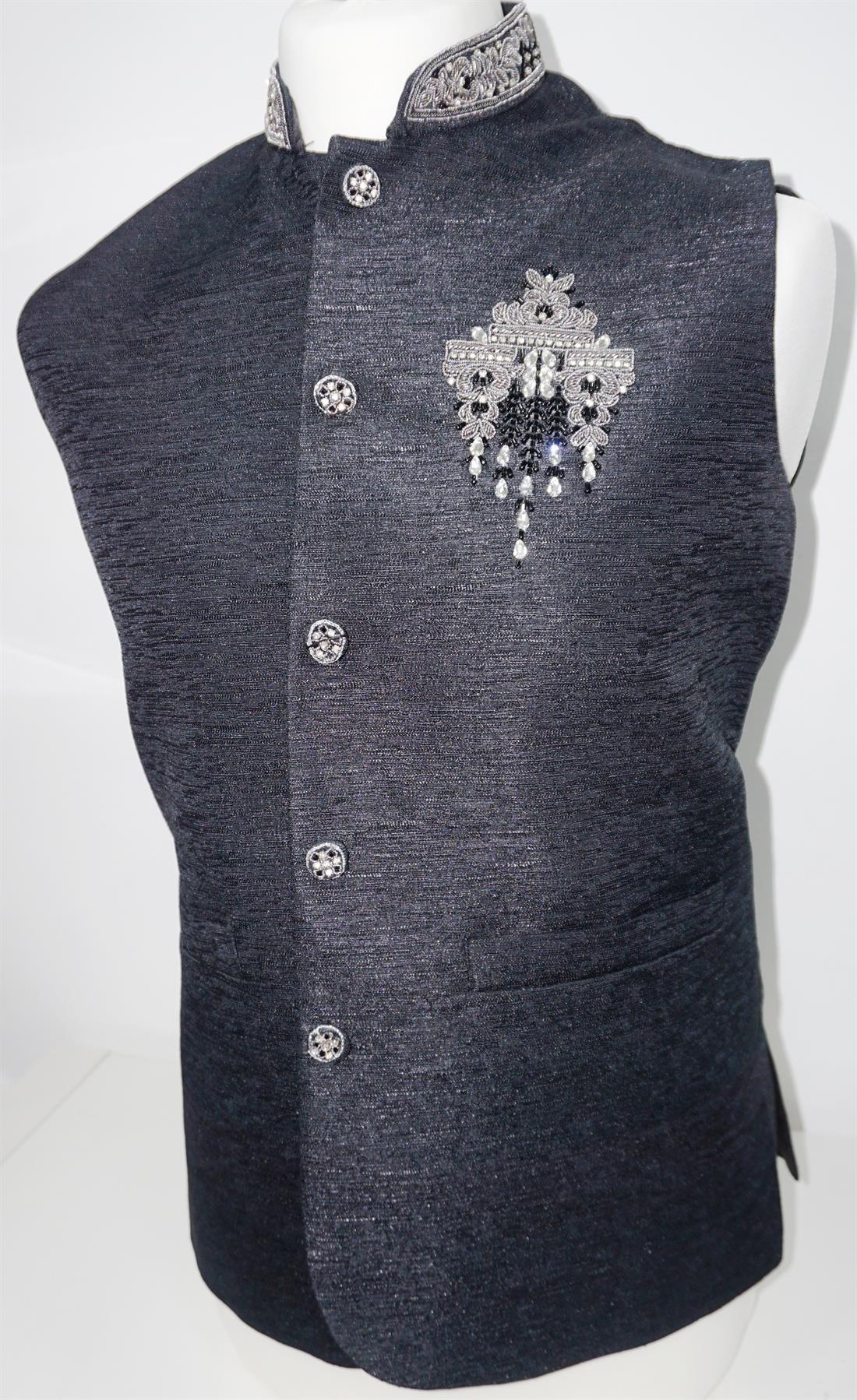 Black & Grey Mens Brocade Waistcoat with Embellishment
