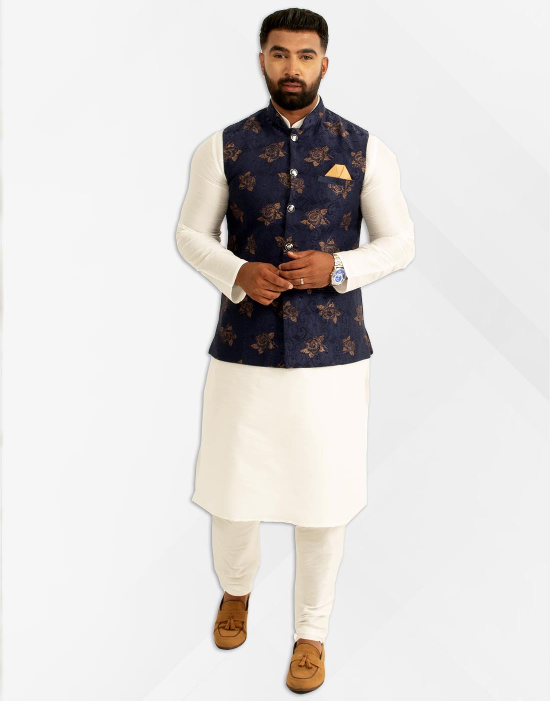 Navy & Gold Printed Mens Waistcoat
