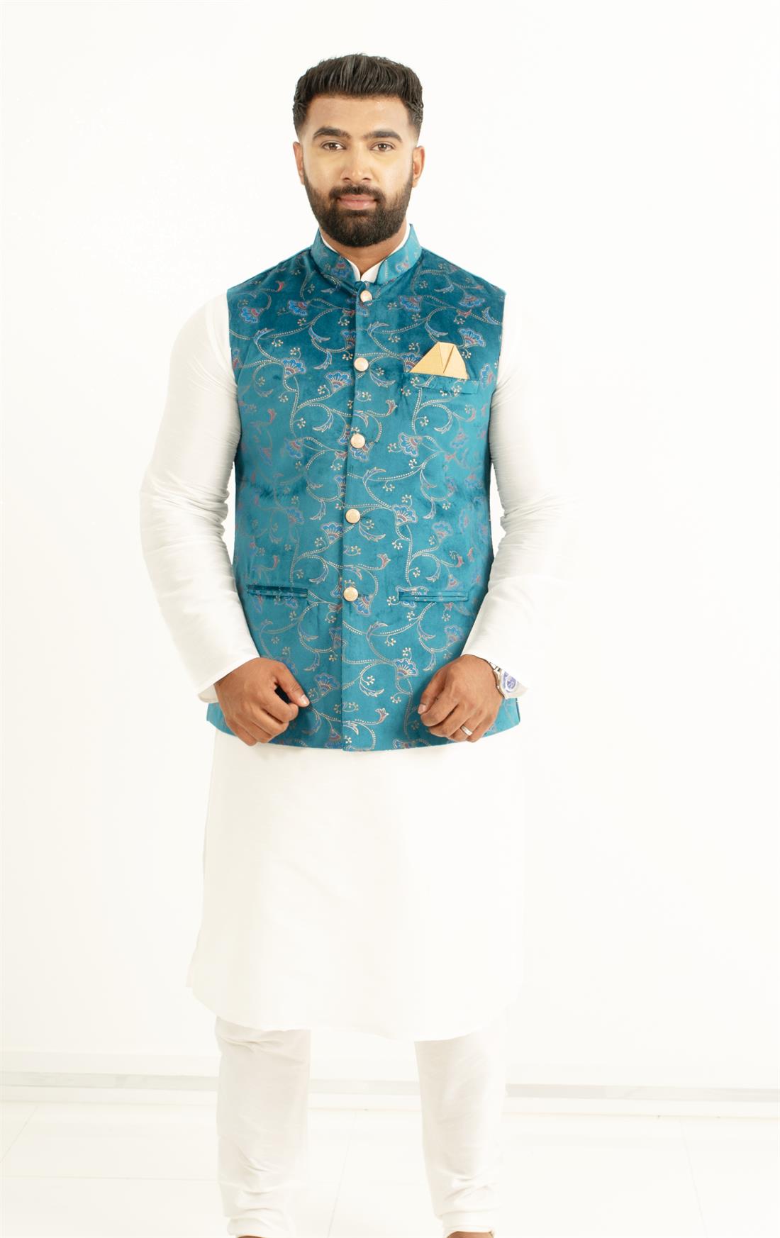 Teal Luxury Printed Velvet Waistcoat with Matching Gold Buttons