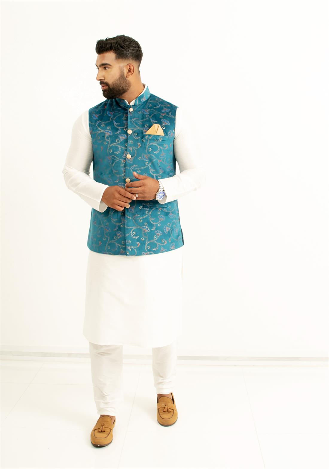 Teal Luxury Printed Velvet Waistcoat with Matching Gold Buttons