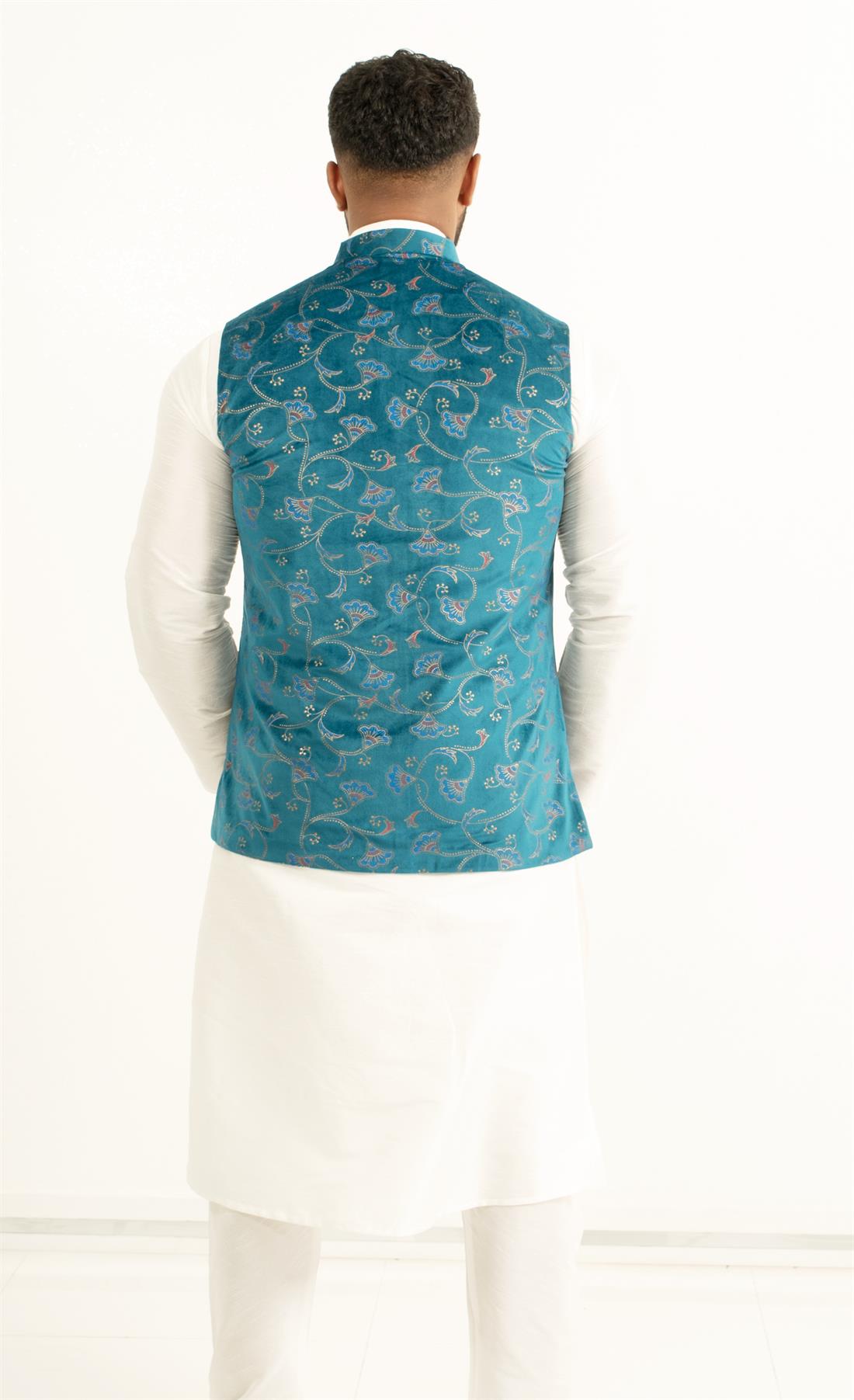 Teal Luxury Printed Velvet Waistcoat with Matching Gold Buttons