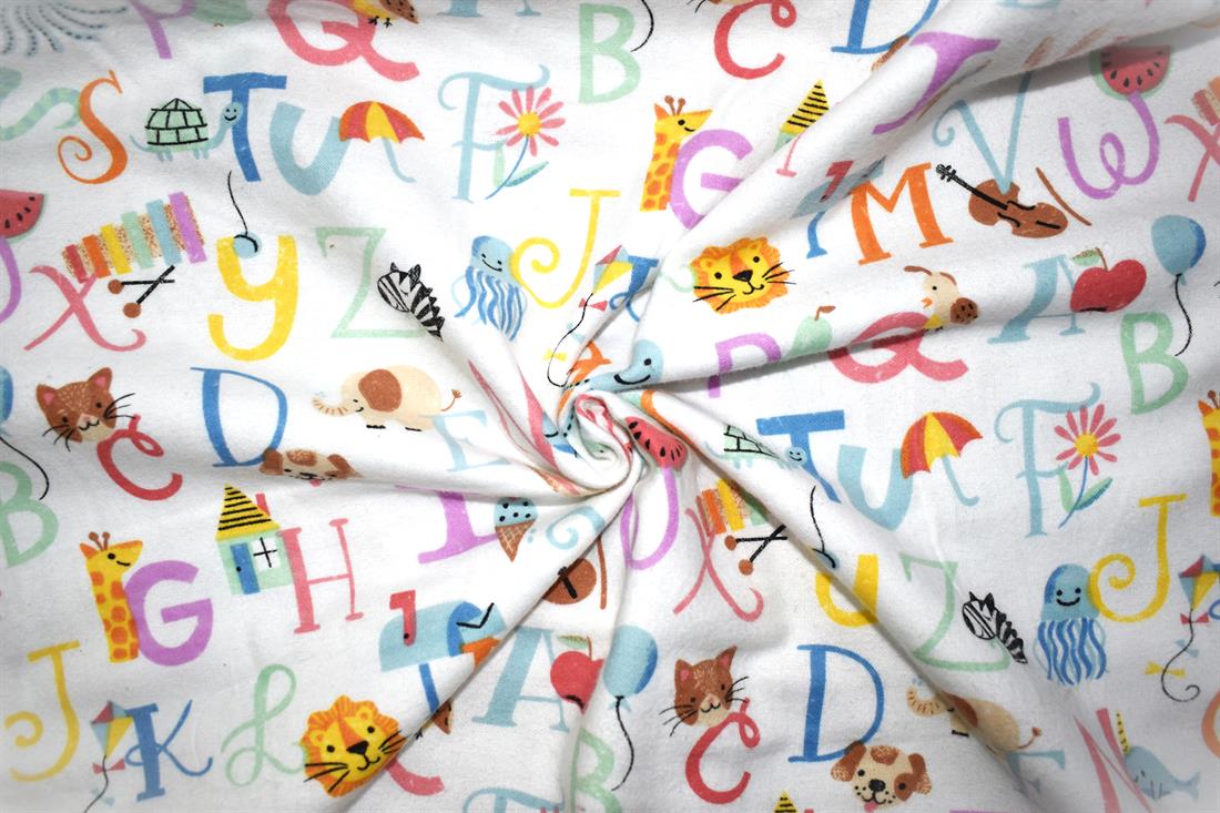 White Alphabet - Brushed Cotton Flannel Winceyette Fabric Craft