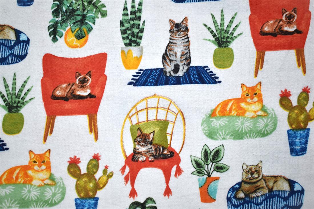 White Comfy Cat - Brushed Cotton Flannel Winceyette Fabric Craft