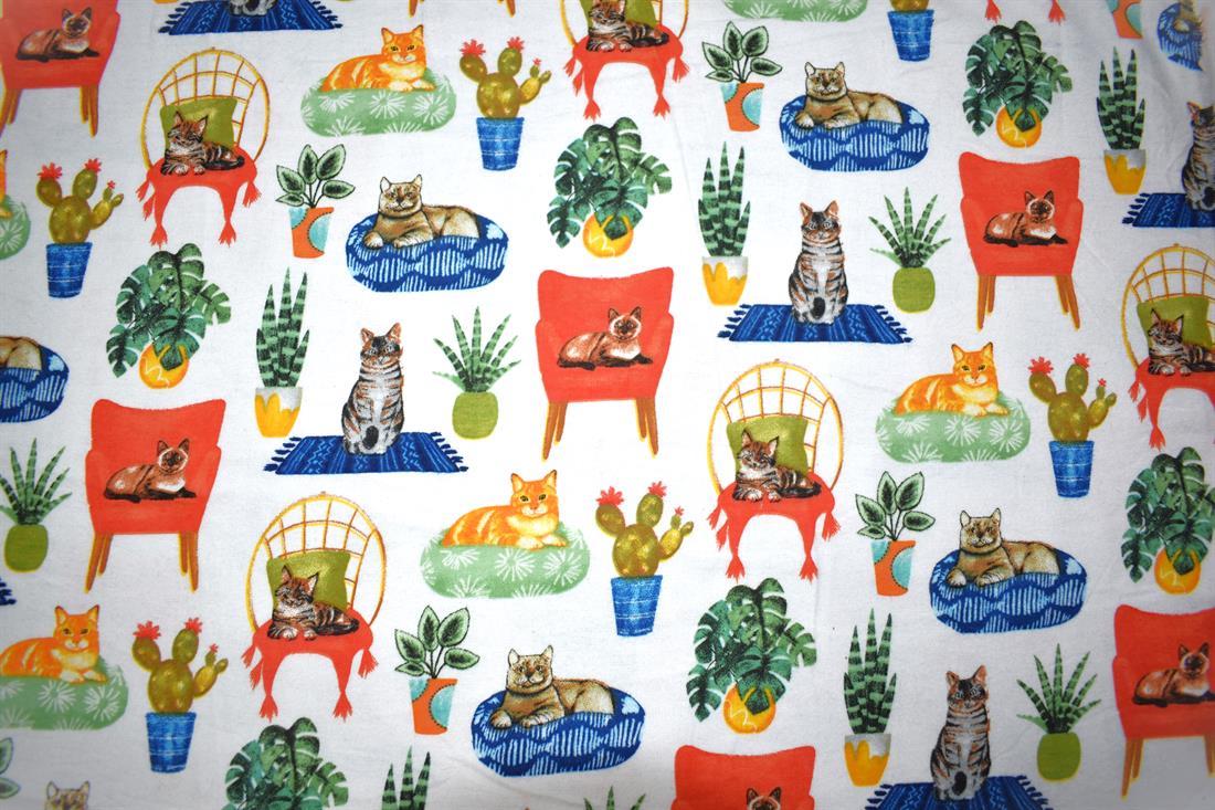 White Comfy Cat - Brushed Cotton Flannel Winceyette Fabric Craft