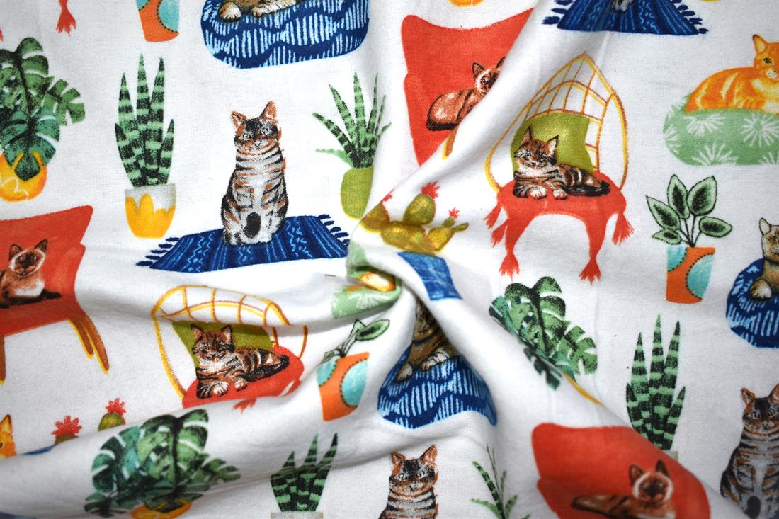 White Comfy Cat - Brushed Cotton Flannel Winceyette Fabric Craft