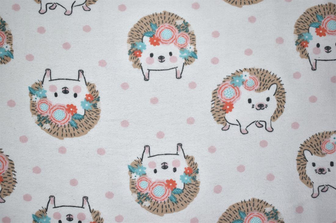 White Hedgehog - Brushed Cotton Flannel Winceyette Fabric Craft