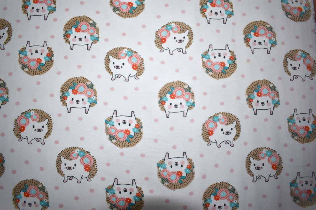 White Hedgehog - Brushed Cotton Flannel Winceyette Fabric Craft