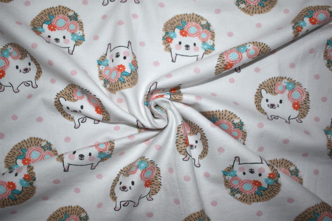 White Hedgehog - Brushed Cotton Flannel Winceyette Fabric Craft