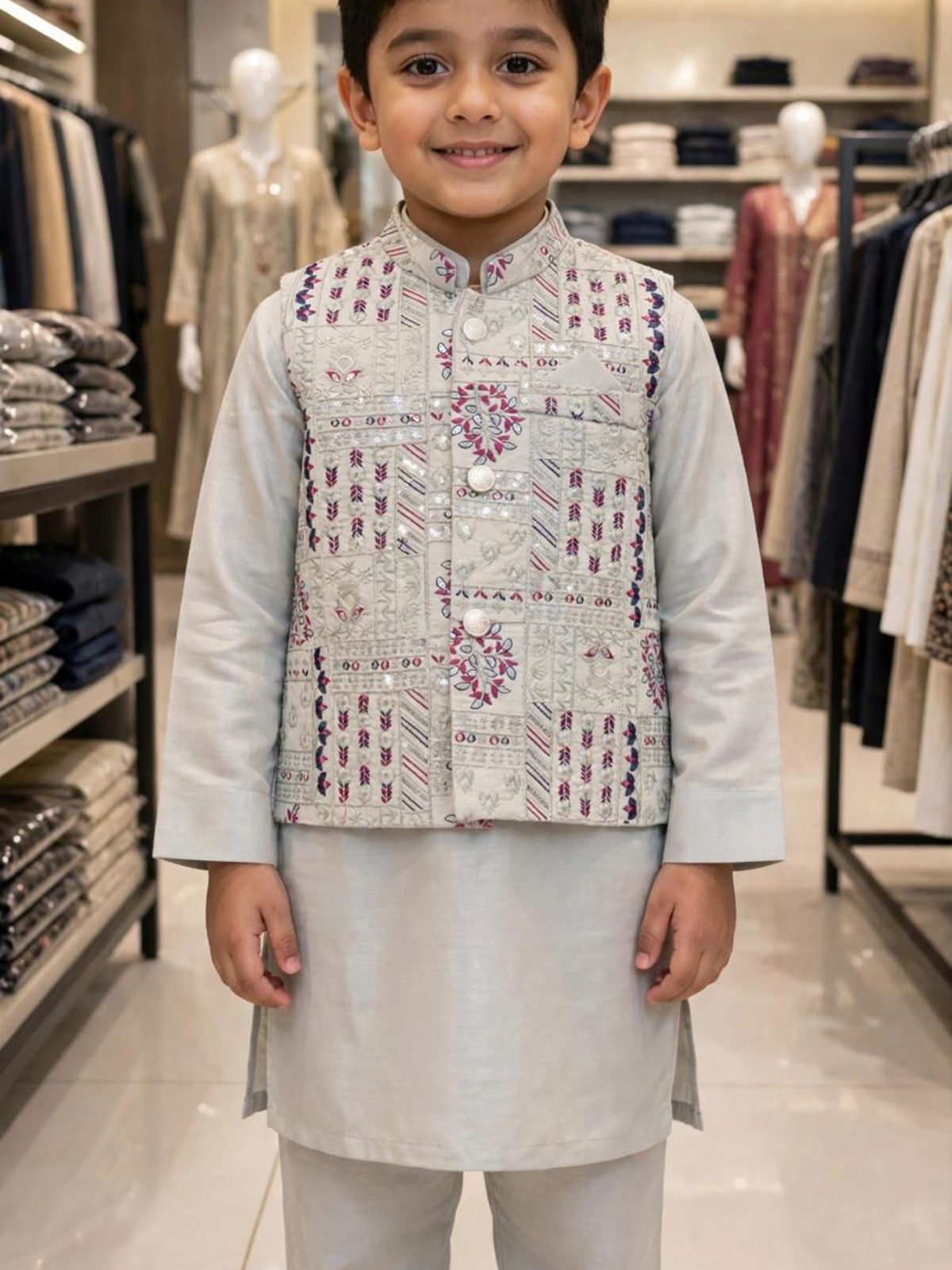 Grey Embroidered Boys Kurta Pajama