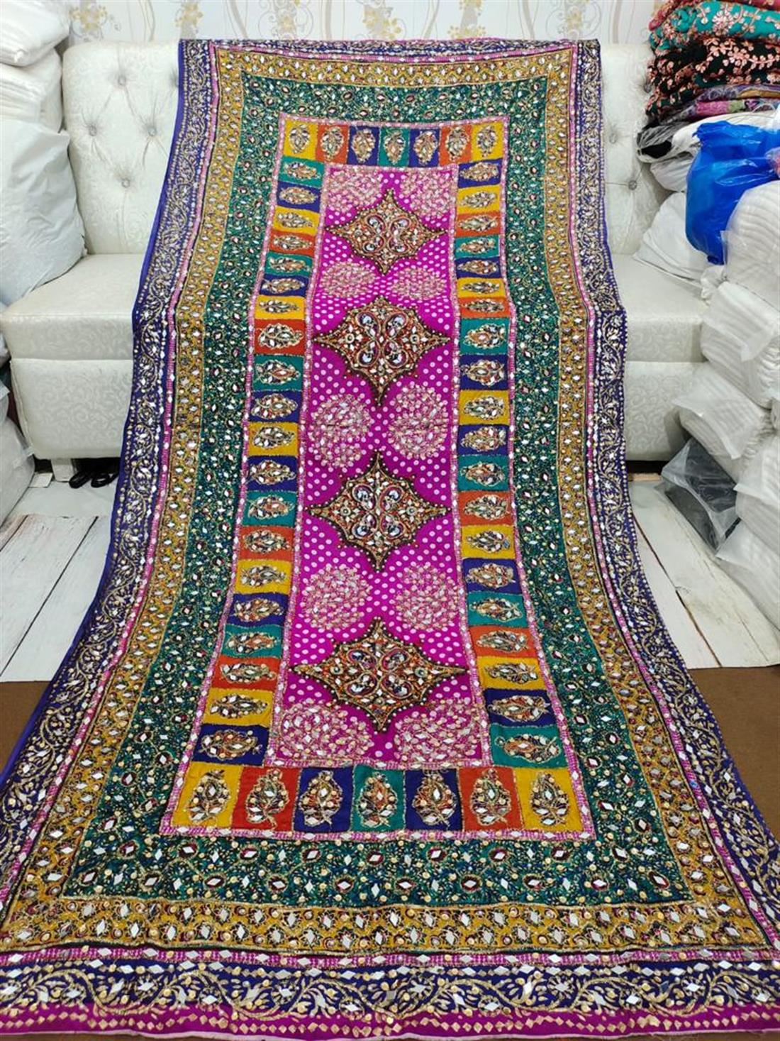 Multicolour Mirror Work Silk Shawls and Scarves
