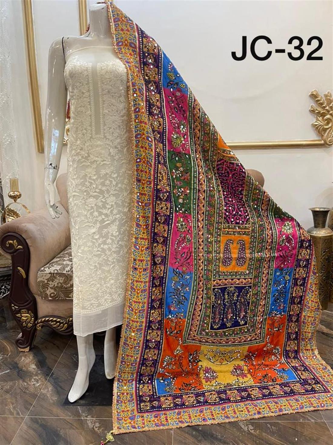 Multicolour Mirror Work Silk Dupatta