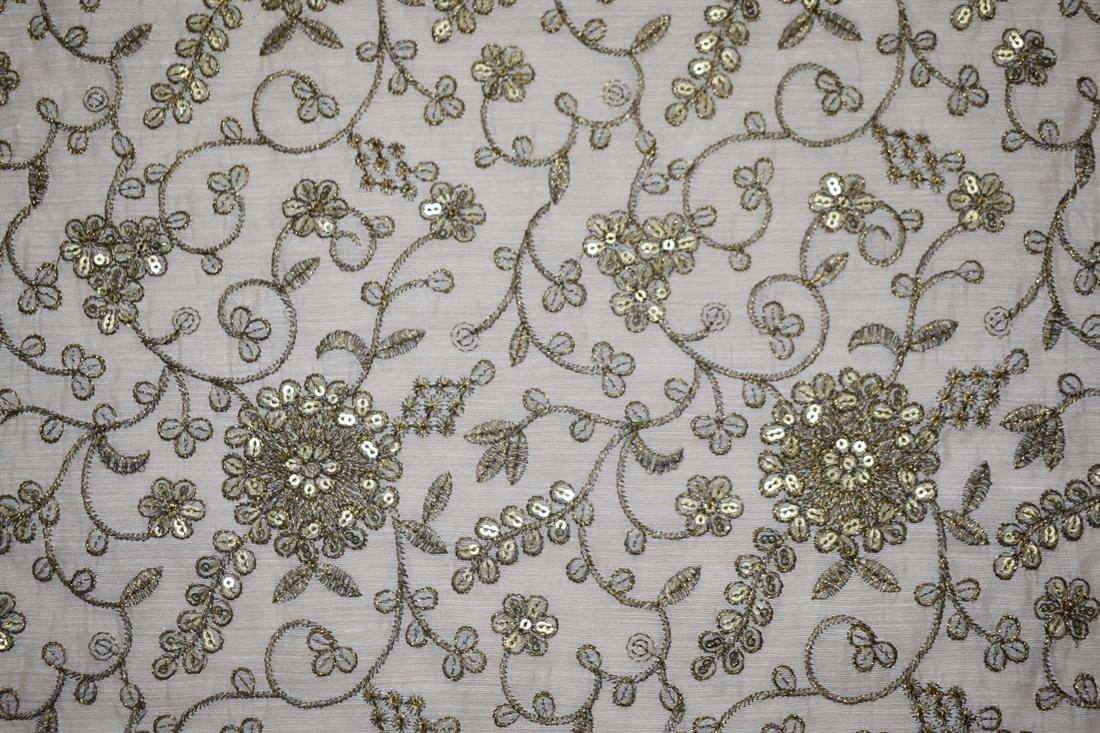Cream & Brown Cotton Embroidered Fabrics
