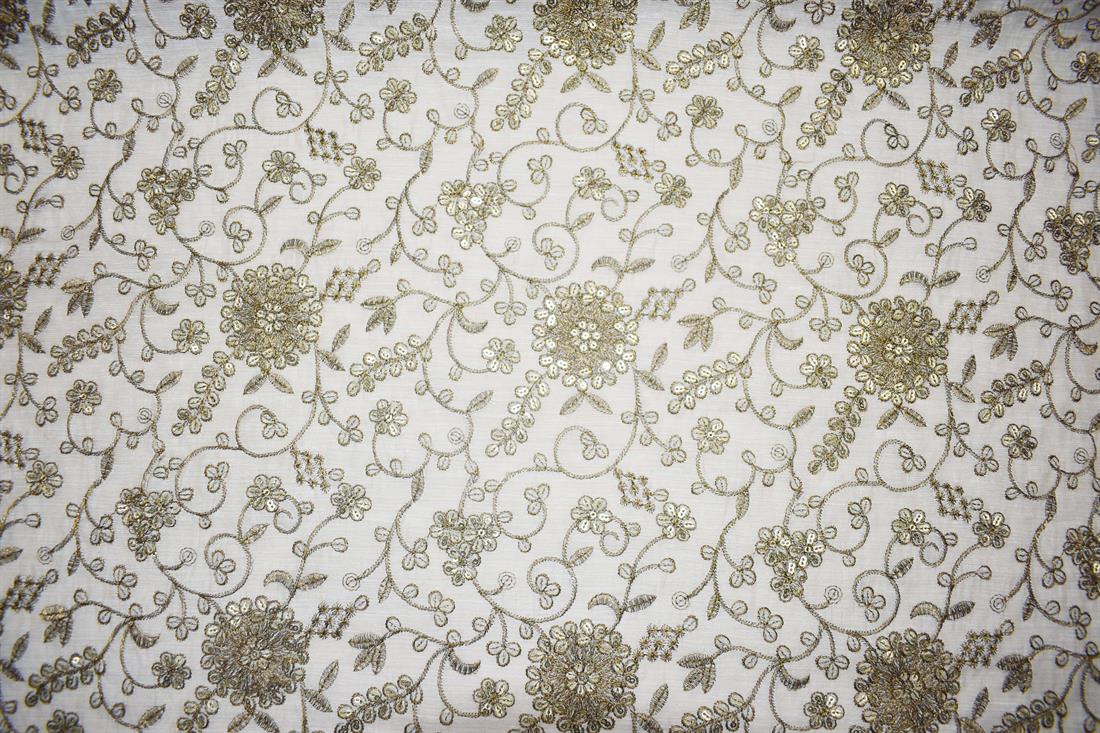 Cream & Brown Cotton Embroidered Fabrics