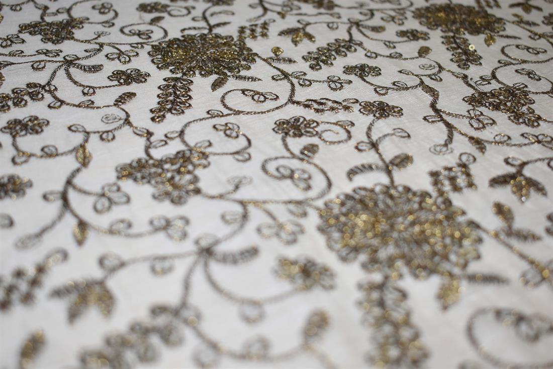 Cream & Brown Cotton Embroidered Fabrics