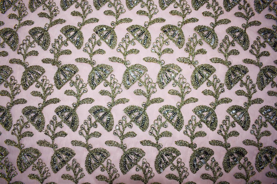 Baby Pink Embroidery on Sheer Organza Fabric