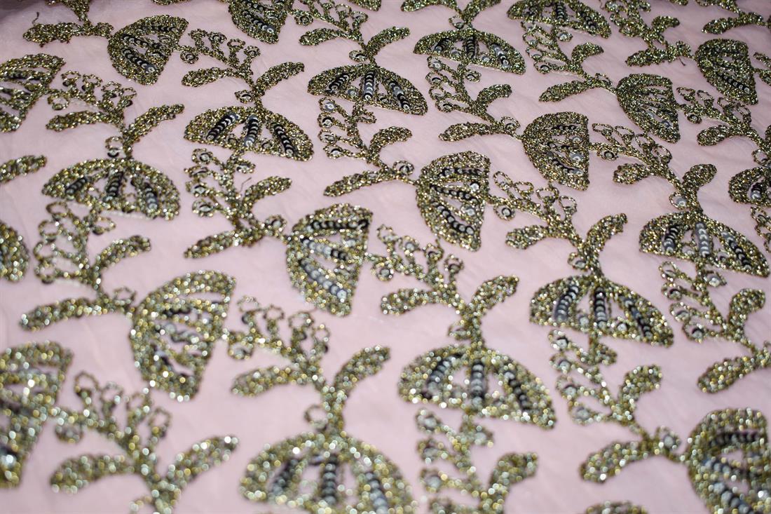 Baby Pink Embroidery on Sheer Organza Fabric