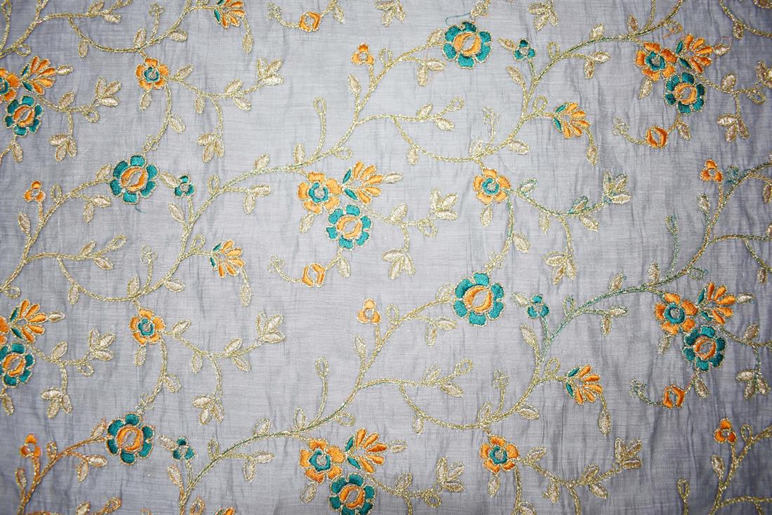 Grey Embroidery on Cotton Organza Fabric with Border.