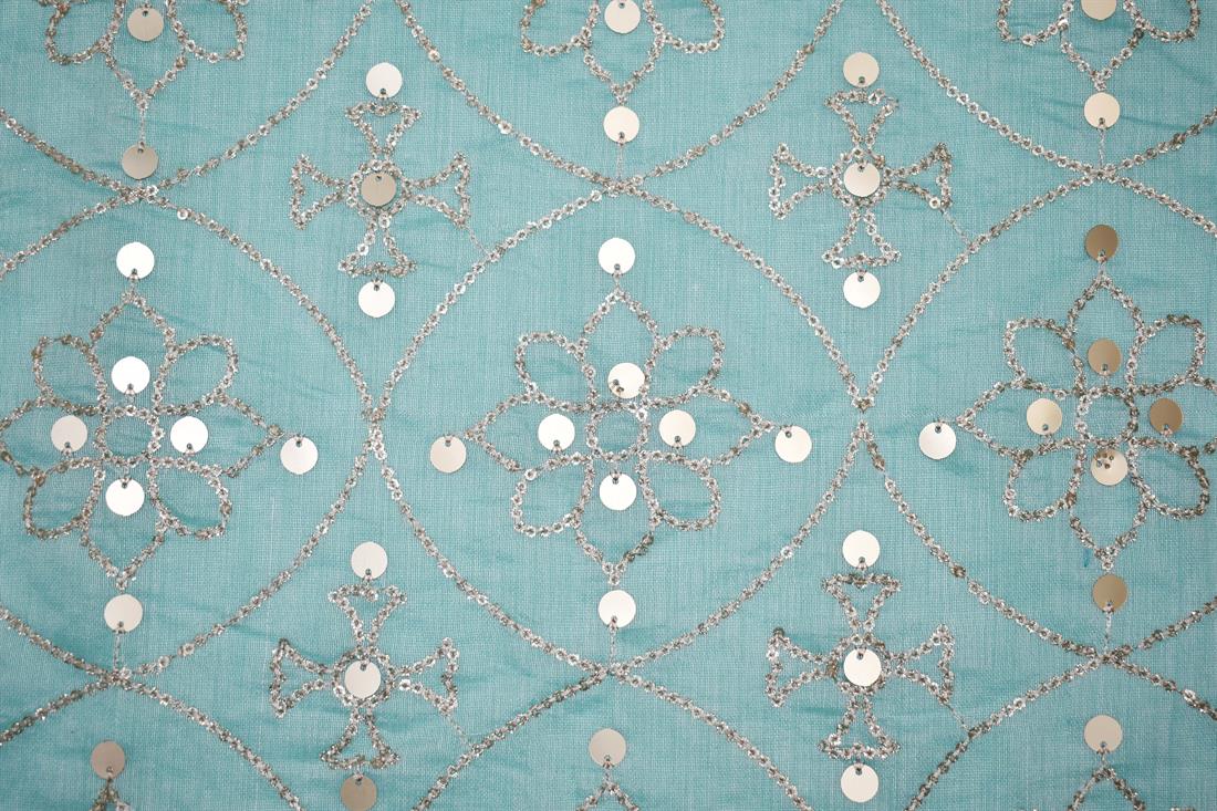 Blue Embroidery on Cotton Organza Fabric.