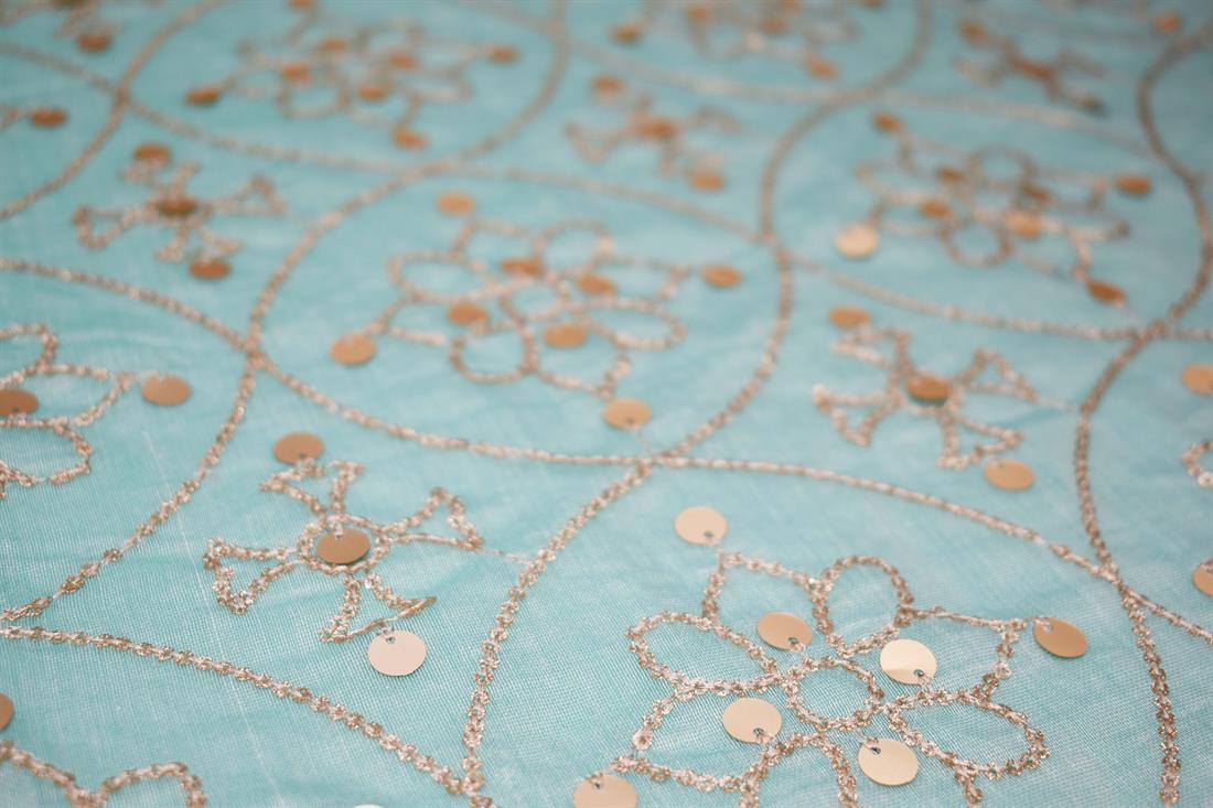 Blue Embroidery on Cotton Organza Fabric.
