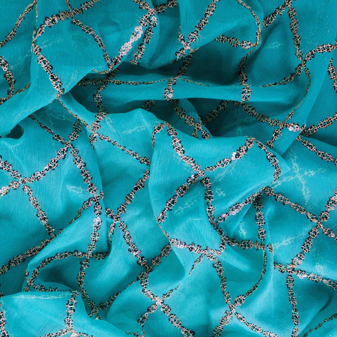 Turquoise Embroidery on Chiffon Fabric