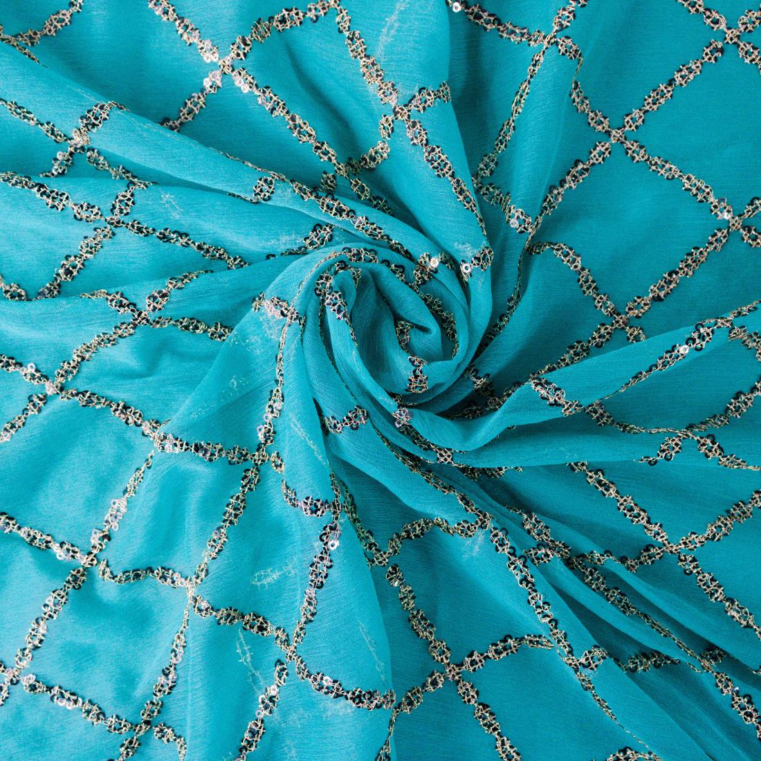 Turquoise Embroidery on Chiffon Fabric