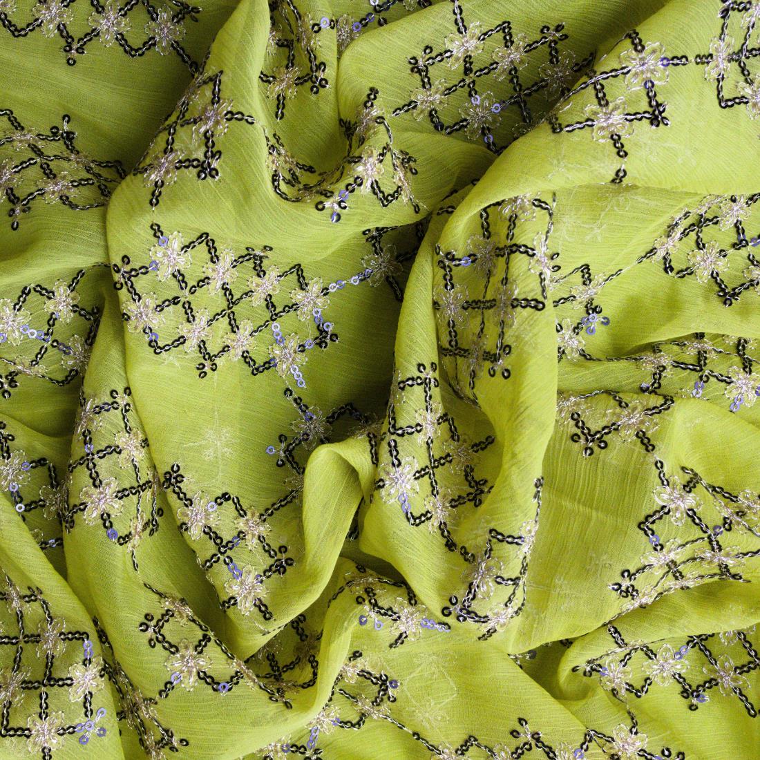 Green Embroidery on Chiffon Fabric