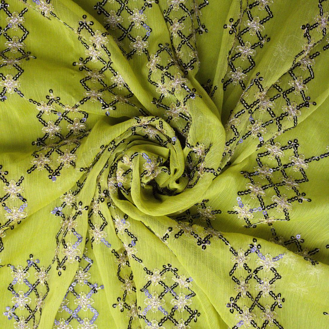 Green Embroidery on Chiffon Fabric