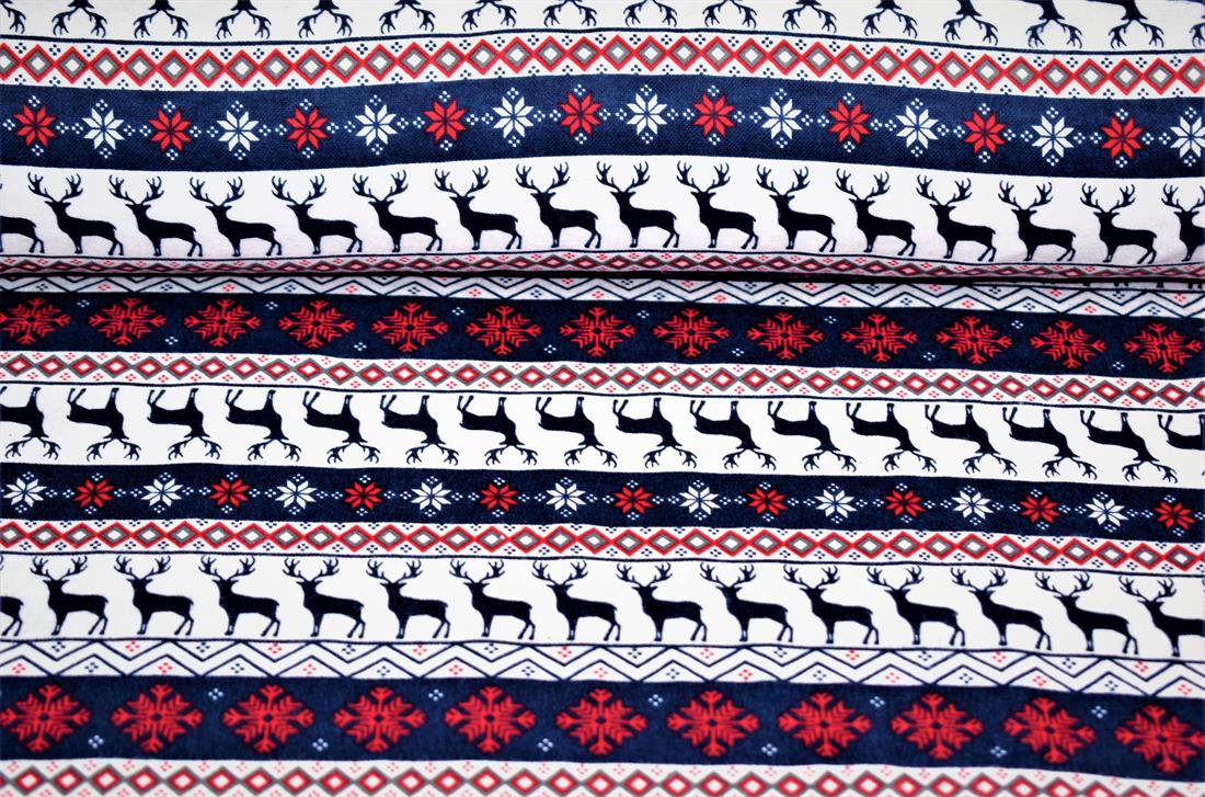 Navy Blue Cotton Snow Flakes- Reindeer Printed