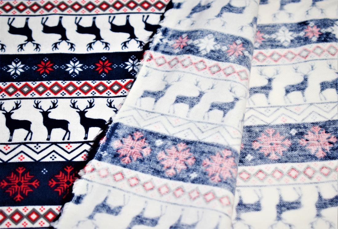 Navy Blue Cotton Snow Flakes- Reindeer Printed