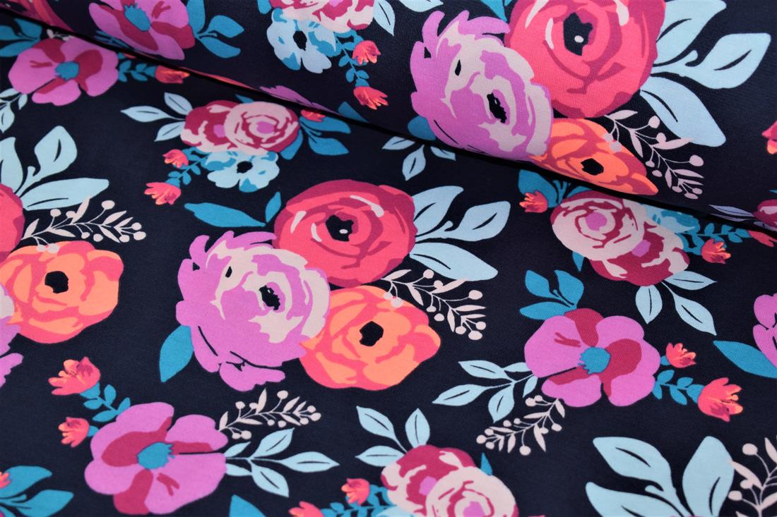 Navy Cotton Painted Flowers