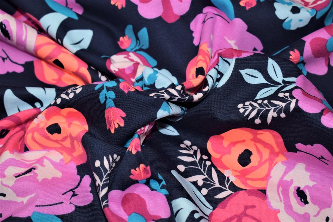 Navy Cotton Painted Flowers