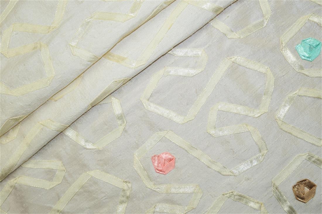 Off White Embroidered Silk Dupion Bridal Dressmaking Costume Fabrics