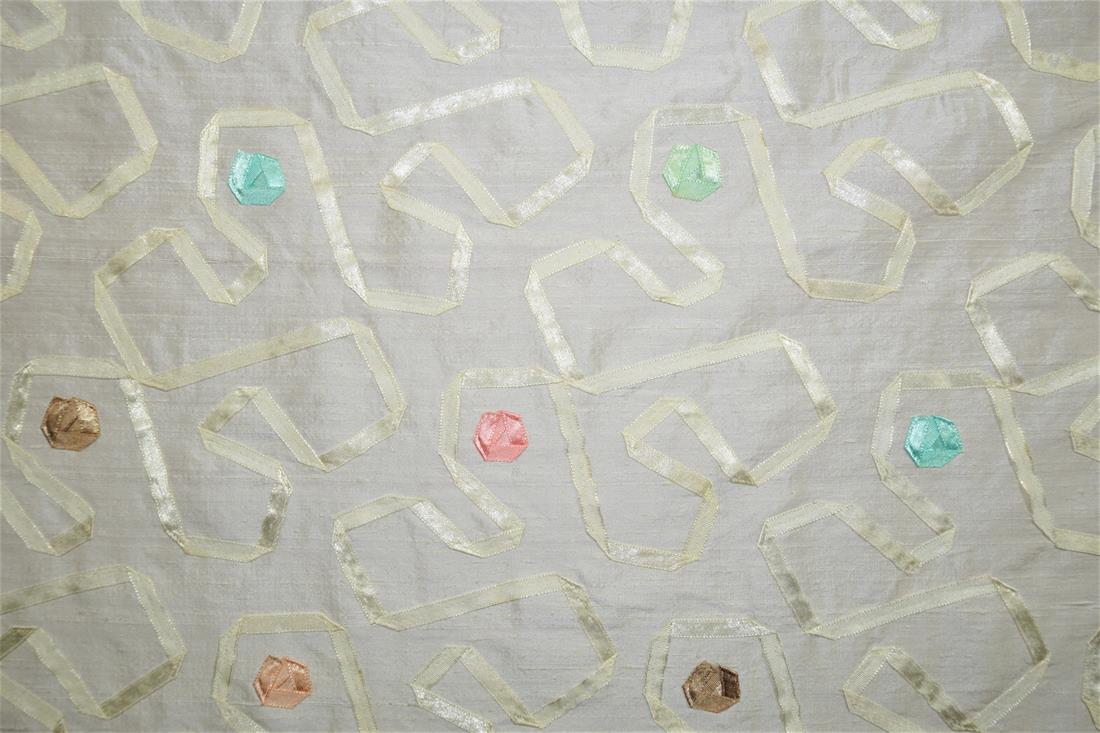 Off White Embroidered Silk Dupion Bridal Dressmaking Costume Fabrics